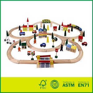 Hot Selling 100 PCS Educational Wooden Railway Track Set Fit Thomas for Kids Slot Toy wooden railway sets, wooden train set, wooden train toys factory