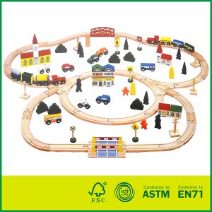 Educational kids play beech wood train track set 100 pcs round corner wooden railway set
