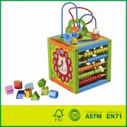 12ACT06  parents wood large wood activity cube Multi-Functional Bead Maze Wooden Activity Cube toys Toddler Discovery Wooden 5 Way Activity Cube with Shape Sorter, Clock, Gears, & 2 Mazes