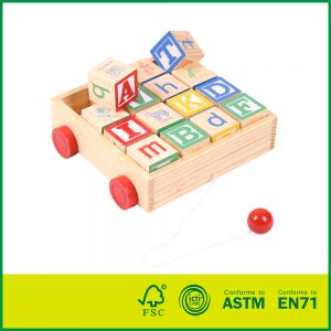 Educational Toy With 16 Solid laser engraved Wood Blocks Classic ABC Wooden Block Cart
