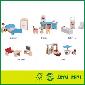 Hot Sales Dabas koka Izlikties Play Bērnu rotaļlietas ar miniatūrām mēbelēm Leļļu namiņš