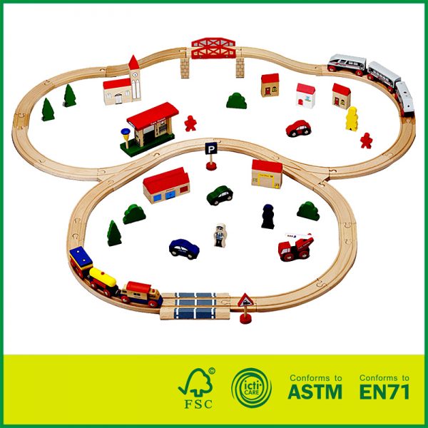 11RAI09 لعبة خشبية كلاسيكية 70 قطعة من مسارات القطار الصغيرة & إكسسوارات للأطفال الصغار & لعبة تعليمية للاطفال الاكبر سنا