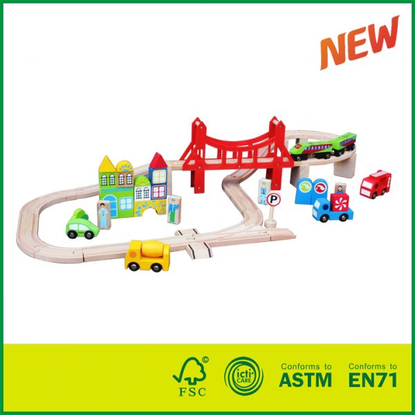 11RAI19 56 Piesă Set de tren popular din lemn pentru tren de jucărie pentru copii