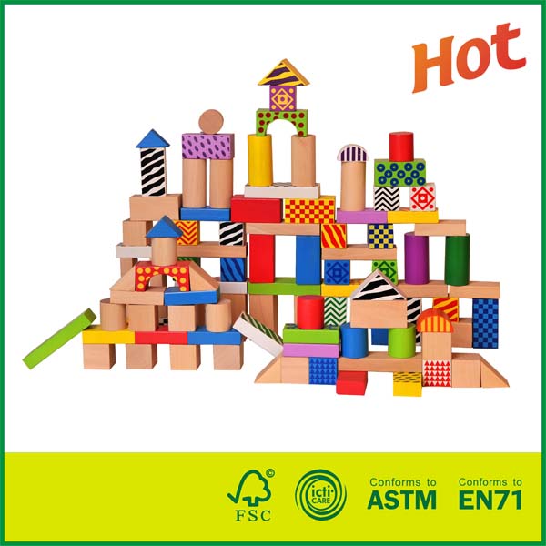 12BLK01 Cheap Lovely Child 100pcs Colorful Collection of Wooden Block Toy Construction Building Toys Set Stacking Bricks