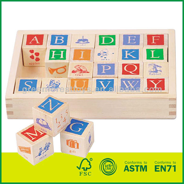 12BLK14 24 pcs Printed Wooden Cubes Blocks bass wood Kids Learning Alphabets Square Blocks
