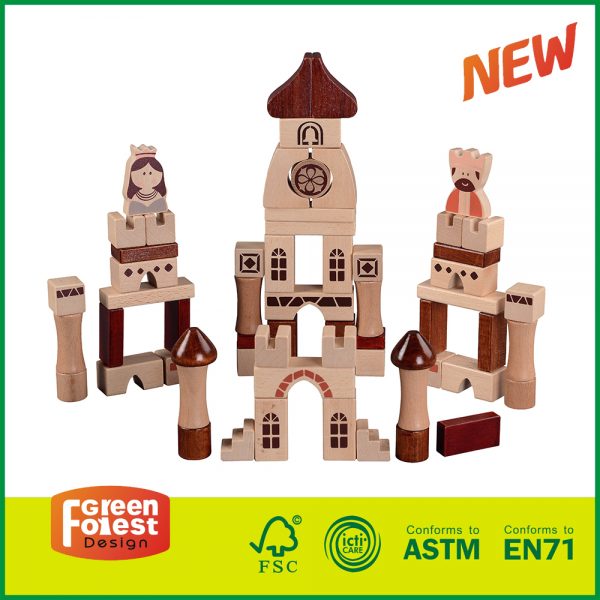 12BLK36 62PCS “Sou entènèt jwèt Medyeval Castle” Kids edikatif Wood Block jwèt Set