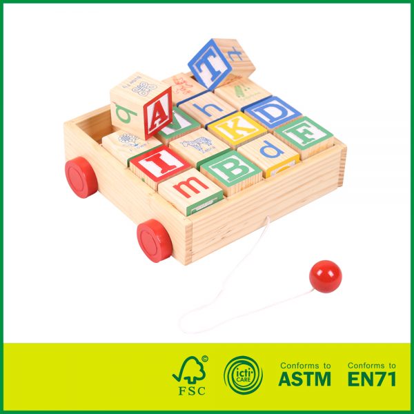 12EMB03 Educational Toy With 16 Masivní laserem gravírované dřevěné kostky Classic ABC Wooden Block Cart
