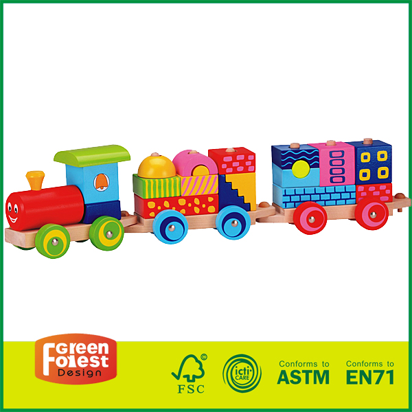12TRA14 Houten Stacking Train foar Kids Puzzle Houten Bouwblokken Toy Train Set