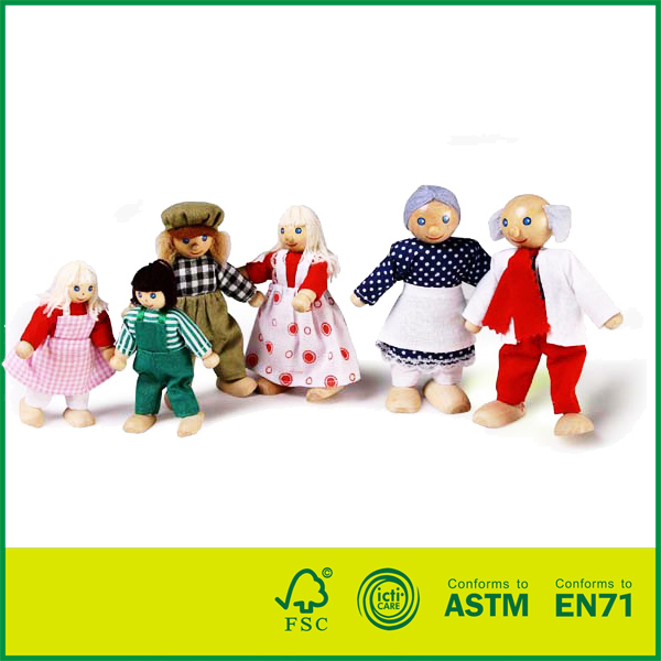 14DOL03#6 Wooden Happy Doll Family of 6 Mennesker Træ dukkehus med dukker