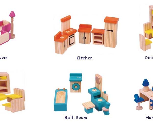 14FUR01 低价 40 件松木娃娃玩具儿童木制娃娃家具和配件
