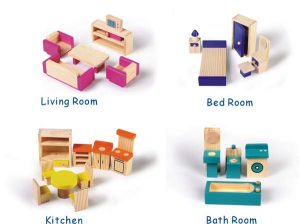Լավ Վաճառք 25 հատ Pine Wood Kids Educational Toys Role Play Wooden Furniture Ոչ թունավոր տիկնիկային կահույք