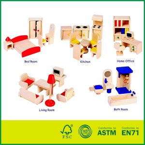Best Quality 25 Pcs Pine Wood Kids Furniture Toys ASTM Qualified Toys Doll Bedroom Furniture