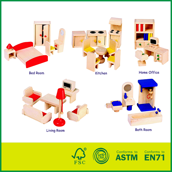 14FUR02C Best Quality 25 Stk Pine Wood Kids Furniture Toys ASTM Qualified Toys Doll Bedroom Furniture