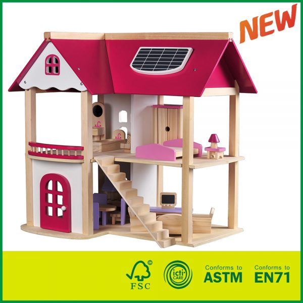 14HOU09 Pretend Play Game Wooden Toy Doll House with 19 Pieces of Furniture Accessories for kids