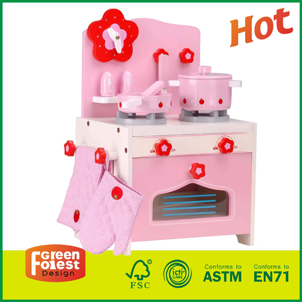 15COK01A Hot Sale საბავშვო მზარეულის ნაკრები ვარდისფერი დიდი ხის სამზარეულოს სათამაშო გოგონებისთვის