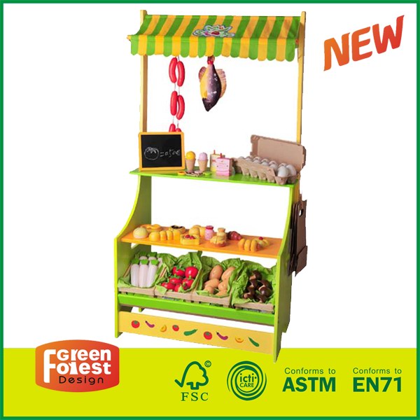 15STR04-Wooden Pretend Play Center Market Play Toy Larget Shopping Stand for Kids