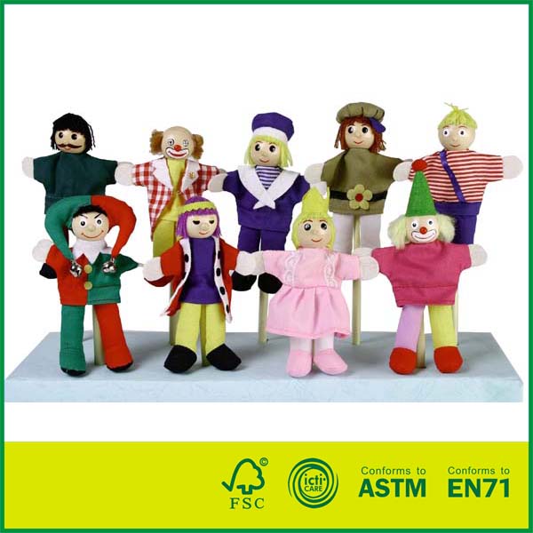 16FIL01 vente chaude en bois enfants tissu jouet marionnettes à doigt ensemble marionnette professionnelle