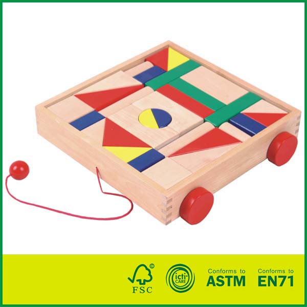 19PUL02C  Classic Birch Wood Early Learning Wood Toys Building Blocks Cart Toys Kids Wooden Cart