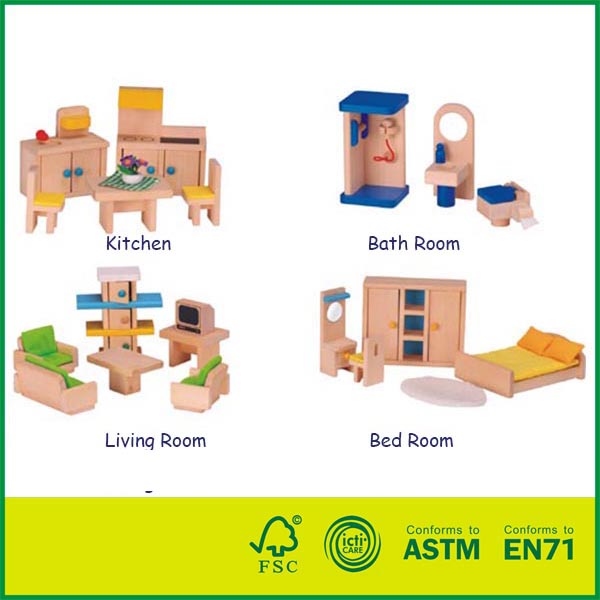 Bass Wood Kids Toy Miniature Doll Furniture Set Wooden Baby Doll